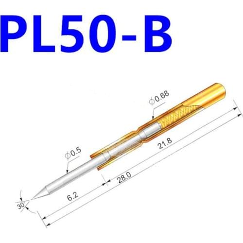 100 PCS/Pack PL50-B1 Straight-up Pointed Spring Test Pin 0.68mm Outer Diameter 27.8mm Long PCB Probe