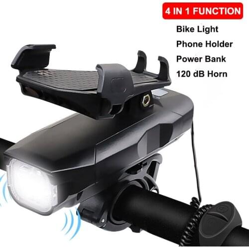 4 IN 1 Bicycle Front Light 4000mAh USB Charging Rainproof MTB Road Bike Cycling Light With Phone Holder Power Bank 120 dB Horn