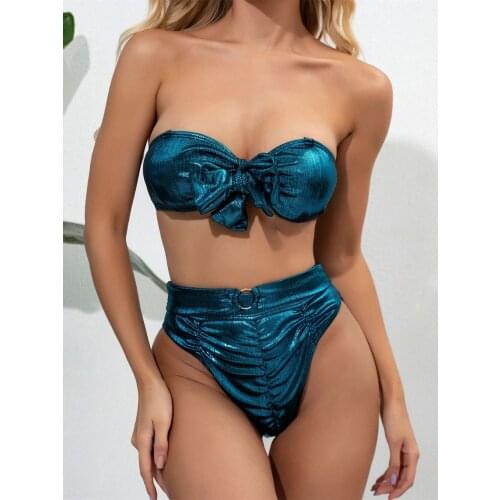 Shiny High Waist Bikini Halter Female Swimsuit Women Off Shoulder Swimwear Two-pieces Bikini Bather Bathing Suit Swim Lady