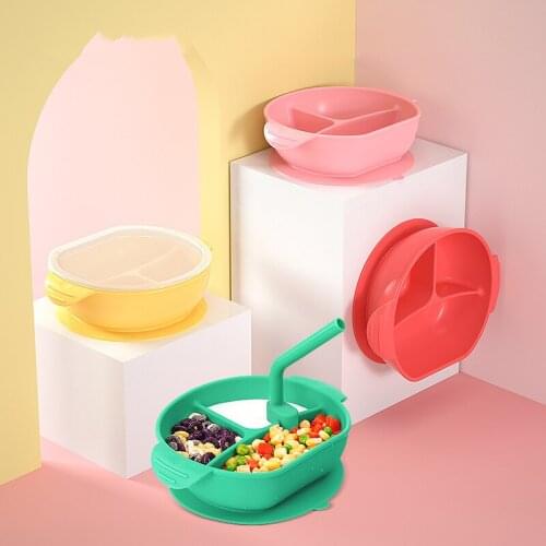 BPA Free Baby Silicone Food Supplement Bowl with Straw for Children Portable Anti-drop Tableware Set