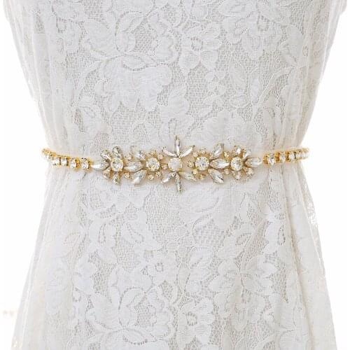 SESTHFAR 37inch Long Wedding Belts With Pearls Gold Flowers Rhinestone Sash Belt For The Evening Wear Wedding Accessories