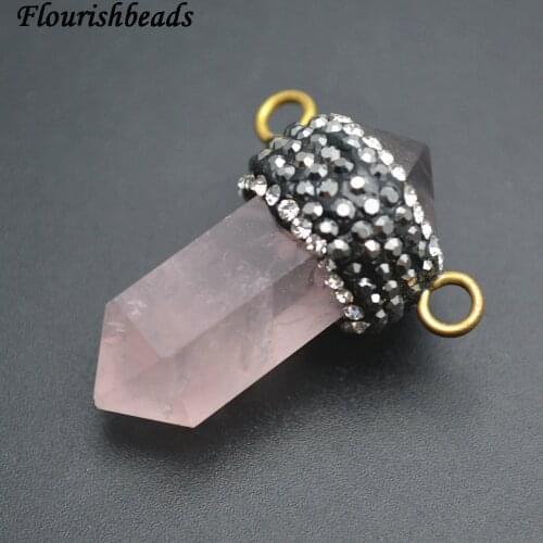 Two Loops Paved Black Crystal Beads Natural Rose Quartz Double Point Stone Pillar Pendant Fit Necklace Making