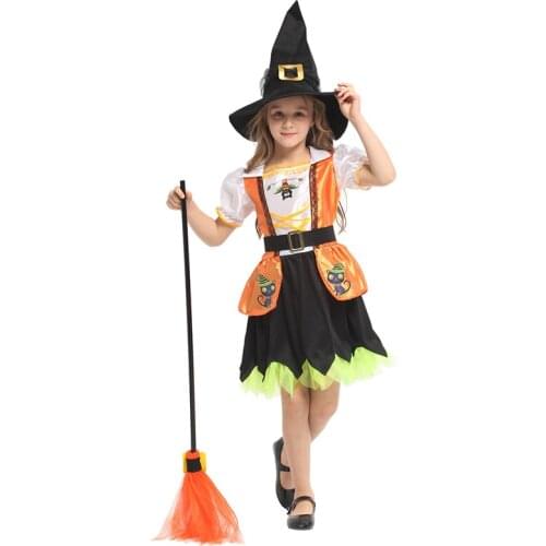 HUIHONSHE New Arrival Halloween Children Kids Cosplay Witch Costume For Girls Costume Party Witch Short Dress With Hat