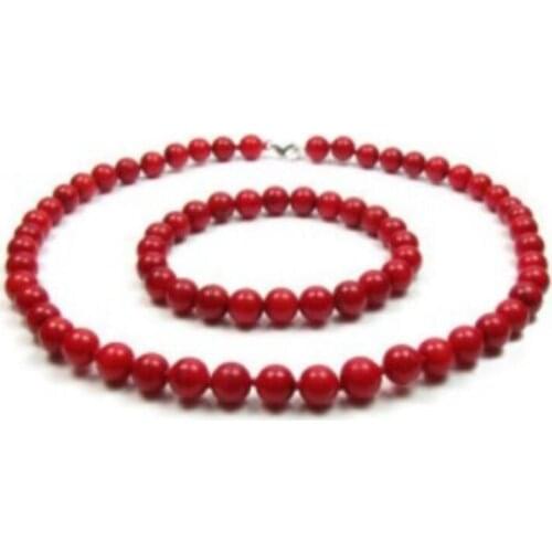 Beautiful Charming AAA Natural 8mm Red Coral Necklace & Bracelet Jewelry Set 18" 8"