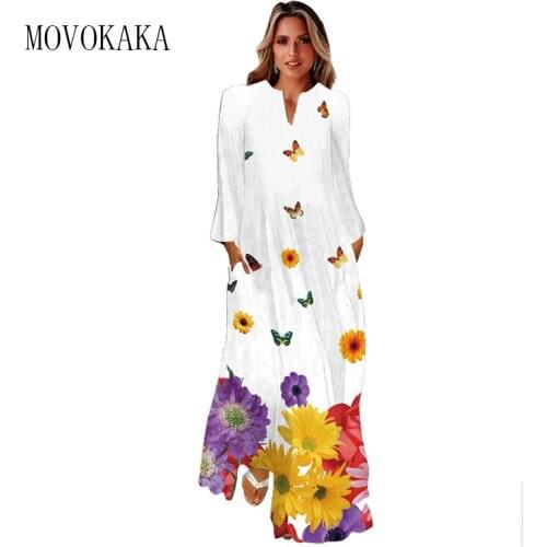 MOVOKAKA 3D Butterfly Flowers Print Autumn Dress 2021 Long Sleeve Casual Breathable Dresses Woman Elegant Girls White Long Dress