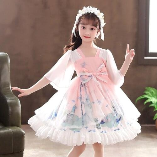 2021 new Lolita childrens dress Chinese wind yarn sleeve dress baby summer Girls Dance Dress Lolita Princess Dress
