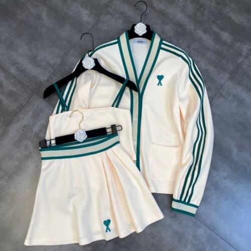 FABPOP 2021 Fall Long Sleeve V Neck Single Breasted Buttons Cardigans Camisole Short Mini Pleated Skirt Three Piece Set GC474