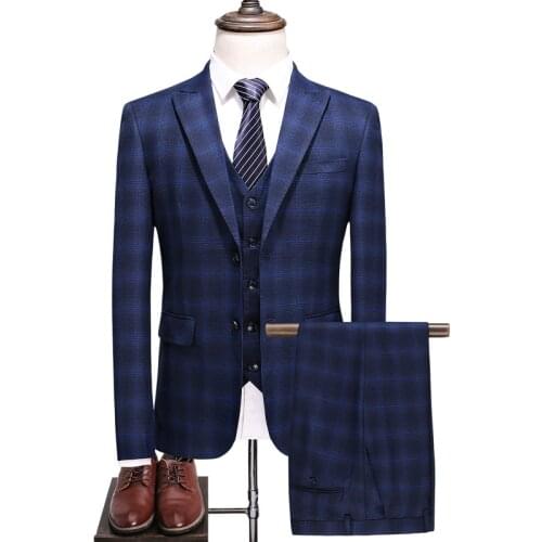 Jacket + vest + trousers) new mens boutique plaid wedding dress set 2021 three-piece mens formal business casual outfit
