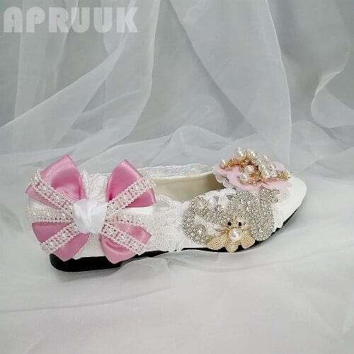 PINK satin flower crystal flats shoes woman luxury design rhinestones pearls bridal bridesmaid wedding party shoe plus size