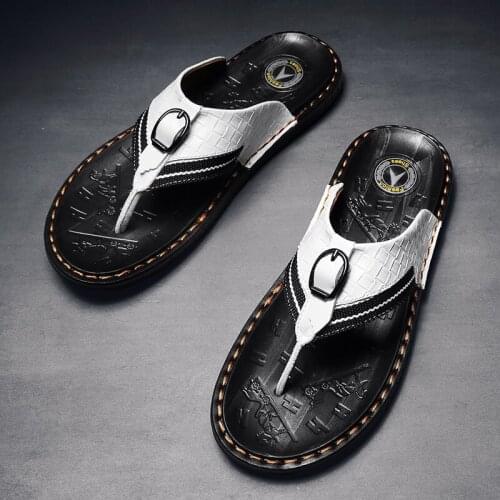 2021 Summer Men Flip Flops New Genuine Leather Luxury Slippers Fashion Beach Casual Sandals Rubber Bottom Soft Non-slip Slippers