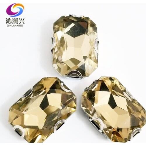 Light coffee Rectangle octagonal shape Glass Crystal sew on Anti hook D shape claw rhinestones,Diy Clothing accessories SWCD04