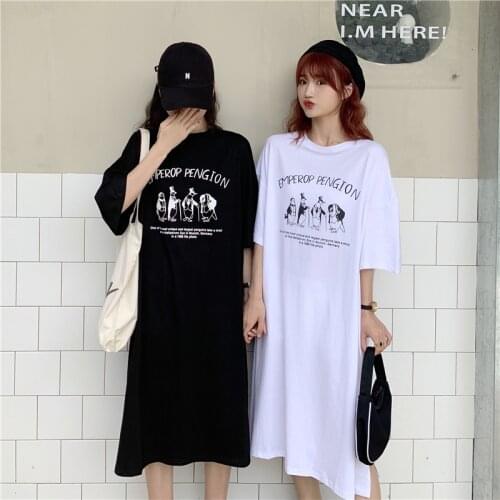 Cartoon Print O-Neck Short Sleeve Harajuku Kawaii Multicolor Casual Long T-shirt Dress 2021 Korean Loose womans clothing