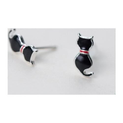MloveAcc Silver 925 Sterling Silver Earrings Cute Black Enamel Cat Stud Earrings for Women Wholesale Accessories