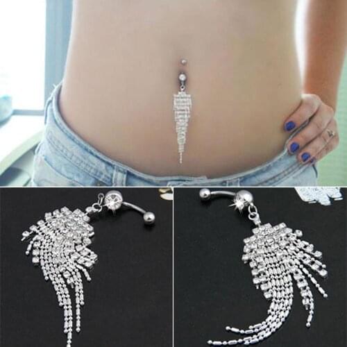 Women Rhinestone Tassel Long Chain Dangle Navel Bar Button Belly Ring Jewelry Rhinestone long dangle tassels navel belly button