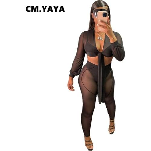 CM.YAYA Women Set Solid Mesh See-through Full Sleeve V-neck Bandage Crop Tops Pencil Pants Two 2 Piece Sets Sexy Outfit Summer