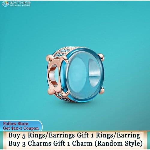 Ahthen 925 Sterling Silver Blue Oval Cabochon Charm fit Original Pandora Bracelets for Women Jewelry Making Girl Birthday Gift