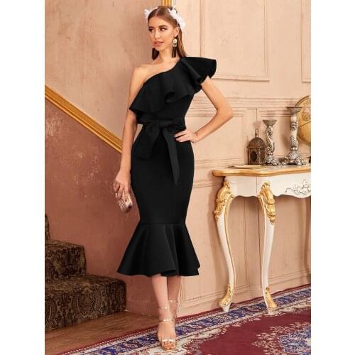 RMSFE 2021 Women Short Sleeve Diagonal Collar Fashion Sexy Diagonal Shoulder Temperament Commuter Middle Waist Dress