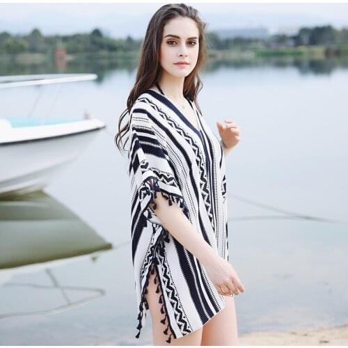 Summer Chiffon Hemp Thin Poncho Bohemian Chevron Beach Wrap Cape Female V-Neck Black White Coat Loose Beach Blouse Smock YG519