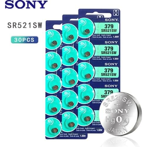 30PC 100% Original SONY 379 SR521SW AG0 D379 SR63 V379 1.55V Silver oxide Button Coin Cell Batteries For watch toy MADE IN JAPAN