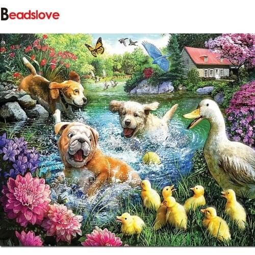 5D DIY Diamond Painting Naughty dog Full Square round Drill Diamond Embroidery Seaside Cross Stitch Sunset Decoration Home
