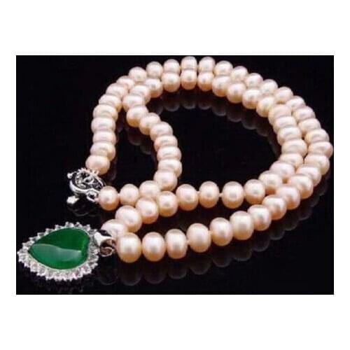 8-9mm Genuine Pink Pearl Green Jade Heart Clear Crystal Flower Pendant Necklace