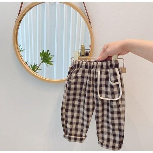 Plaid Casual Pants for Girls 1-6T New Pocket Children Trousers Loose Harem Pants Black Green Cotton Boy Pants Elastic Waist