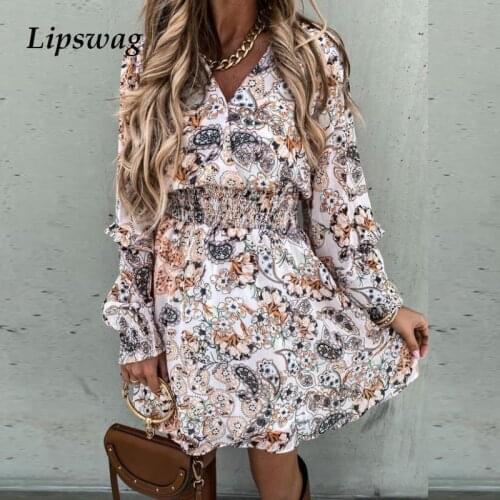 Elegant Pleated Dress Women Vintage Floral Printed V-Neck Puff Sleeve Party Dresses Female 2021 Spring Autumn Fashion Mini Dress