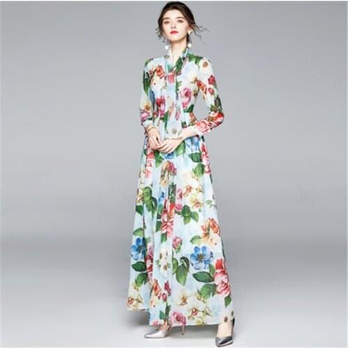 Elegant Women Multicolor Floral Print Boho Beach Vacation Maxi Dresses Autumn Female Long Sleeve Bow Belt Pleated Long Dresses