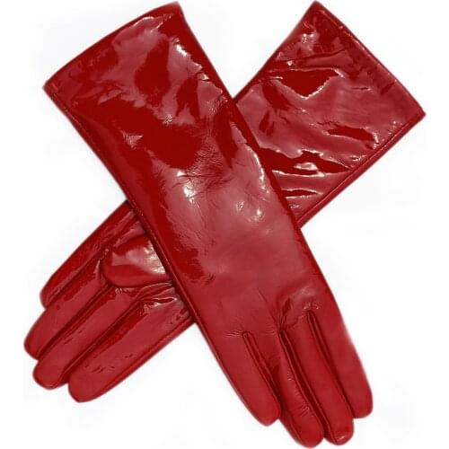 Women mid length real shining patent leather gloves in red