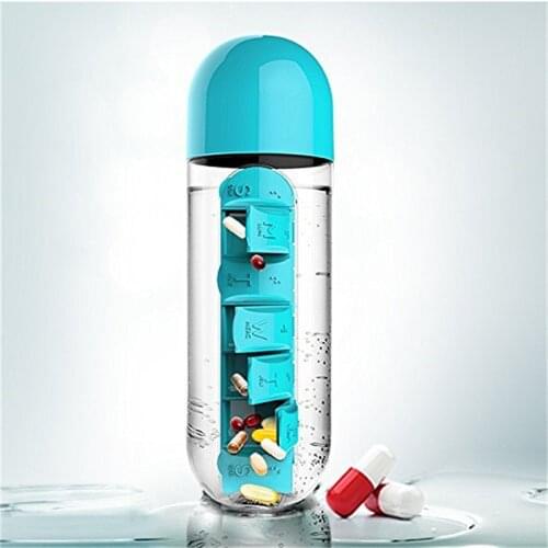 600ml 2 In 1 Pill Box Water Bottle Refillable Bottles 7 Compartments Medicine Organizer W/ Drinking Bottle Portable Storage Case