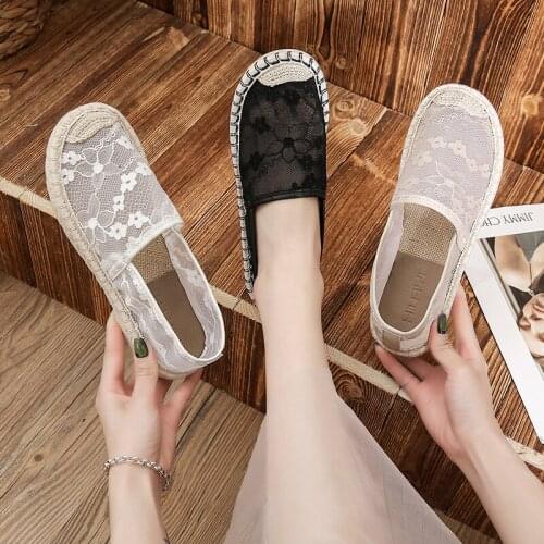 Summer Straw Fisherman Shoes Light Breathable One-Step Womens Shoes Embroidered Hollow Mesh Shoes Student Korean Casual Shoes