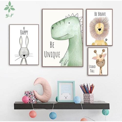 Cartoon Animal Nordic Style Lion Dinosaur Rabbit Giraffe Canvas Painting Can For Baby Room Wall Decor