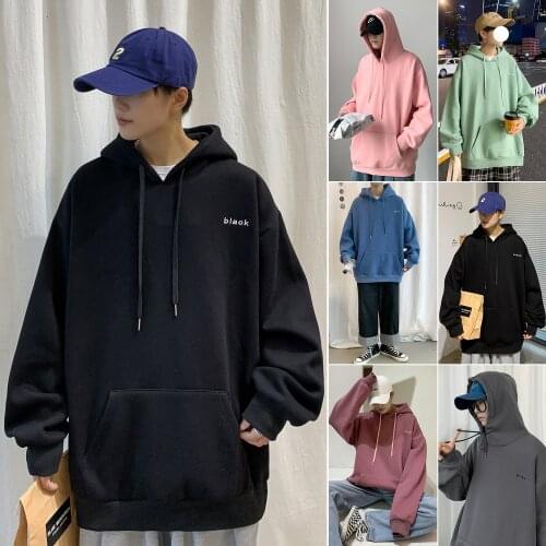 Men Embroidery Fleece Hooded Hoodies 2021 Mens Oversized Korean Harajuku Sweatshirts 7 Colors Black Oversized Hoodie