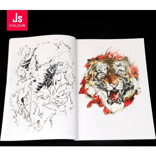 New A4 Tattoo Book Pattern Long Flower Tiger God Fish Dragon Colored Black Manuscript Traditional Chinese Album Body Art