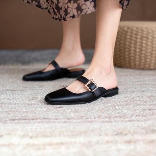 New Retro Hanged Metal Shoes Woman 2021 Spring Summer Genuine Leather Women Flat Shoes Fashion Basic Working Women Mules
