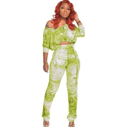 Autumn Tie Dye 2 Piece Sets Womens Outfits Drawstring Ruched Crop Top and Stacked Pants Streetwear Club Outfits Matching Sets