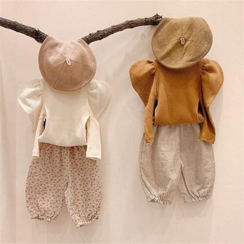 Autumn 2020 Korean Childrens Clothing Baby Girl Cute Puff Sleeve Bottoming Shirt Ins New Style Knit Low Waist Jersey Kids Tops
