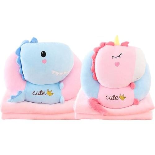 Three-in-one push pillow with blanket cute cartoon unicorn dinosaur flamingo shaped throw pillow cushion nap break pillow