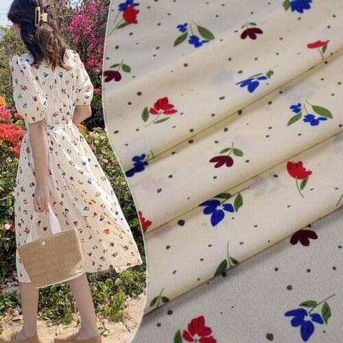 Half Meter Beige Bottom Irregular Dot Flower Print High Grade Chiffon Fabric For Dress Shirt Girl Garment Material CR-1206