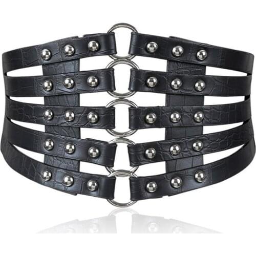 Women Belts Female Fashion Rivet Wide Waist Elastic 5 Straps PU Belt brand design vintage metal Ring Belt