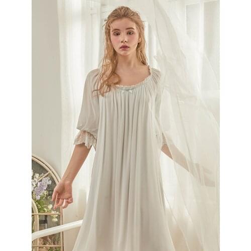 Vintage Royal sUMMER Womens Long Sleepwear Short Sleeve Elegant Princess Gauze Modal Holiday Loose Night Dress