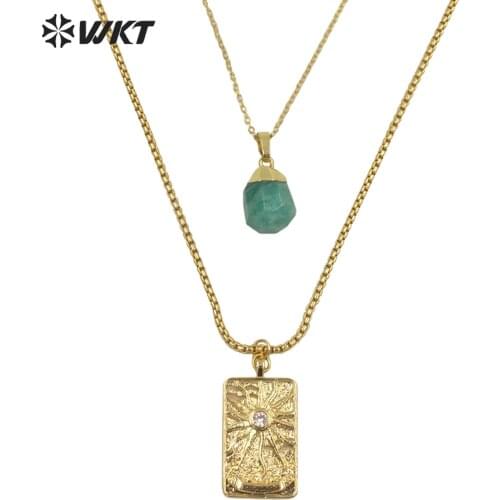 WT-N1280 Fashion Women Double Layer Chocker Chain Square Gold Color Metal Coin Stone Necklace Stone Charm Necklace 24inch