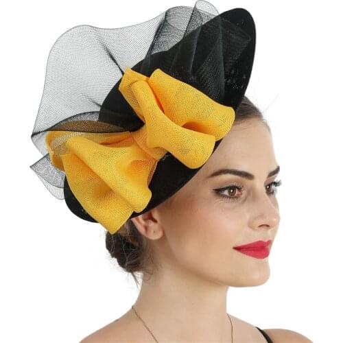 Women Bride Chic Big Fascinator Hat Mesh Bow Headwear Cocktail Wedding Party Church Headpiece Fashion Feather Hair Accessories