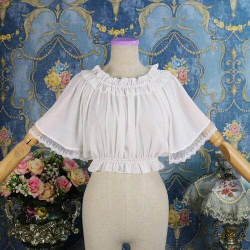 Women Spring Chiffon Lolita Blouse 1/2 Flare Sleeves Layered Neck Ruched Hem Black Shirt Ladies Solid Lace Corset Top for Girls