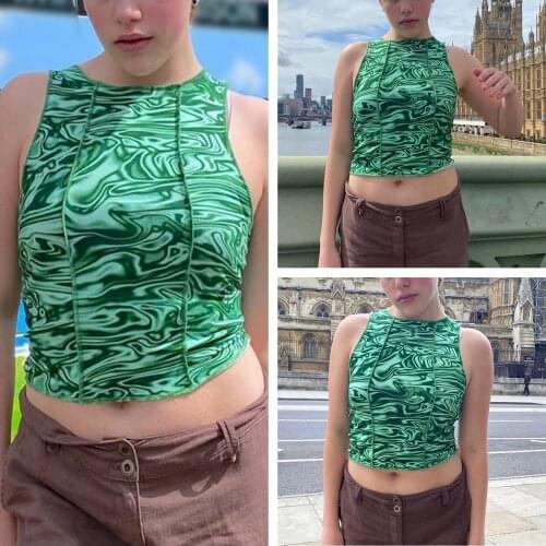 Womens Summer Cool Crew Neck Tank Tops Sleeveless Abstract Liquid Print Slim Fit Stitch Crop Tops