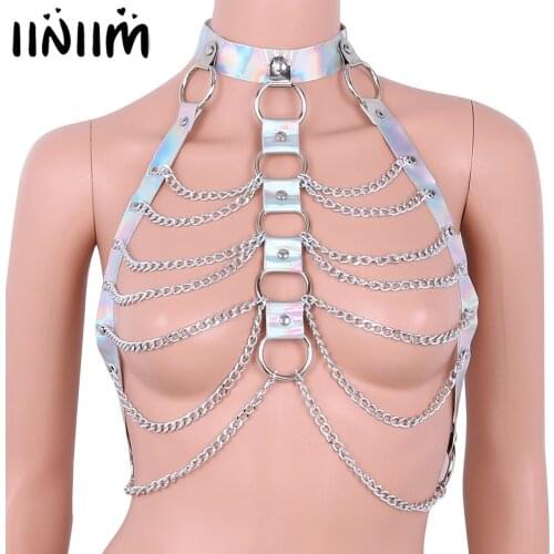 Womens Halter Caged Bra Harness Party Roleplay Chain Bondage Belt Festival Rave Costume Sexy Night Clubwear Pastel Belt Top