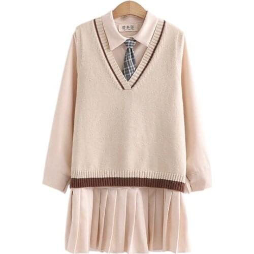 2 Piece Set Women Preppy Style Sweet Cotton Fashion Casual Student Uniform Dress + Vest Sweater Two Piece Sets 2012195