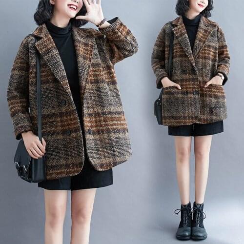 Winter Korean Overcoat Women 2021 Vintage Woolen Loose Coats Female Double Breasted Turn-Down Collar Oversized Female Outerwear