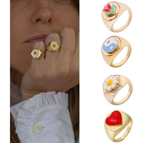 Gold Color Metal Rings Korean Cute Enamel Daisy Tulip Heart Finger Rings Yin Yang Rings Wonderful Choice Women Jewelry