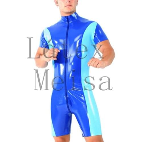 Natural 0.4mm thickness latex bodysuit with front zip main in blue with sky blue trim color